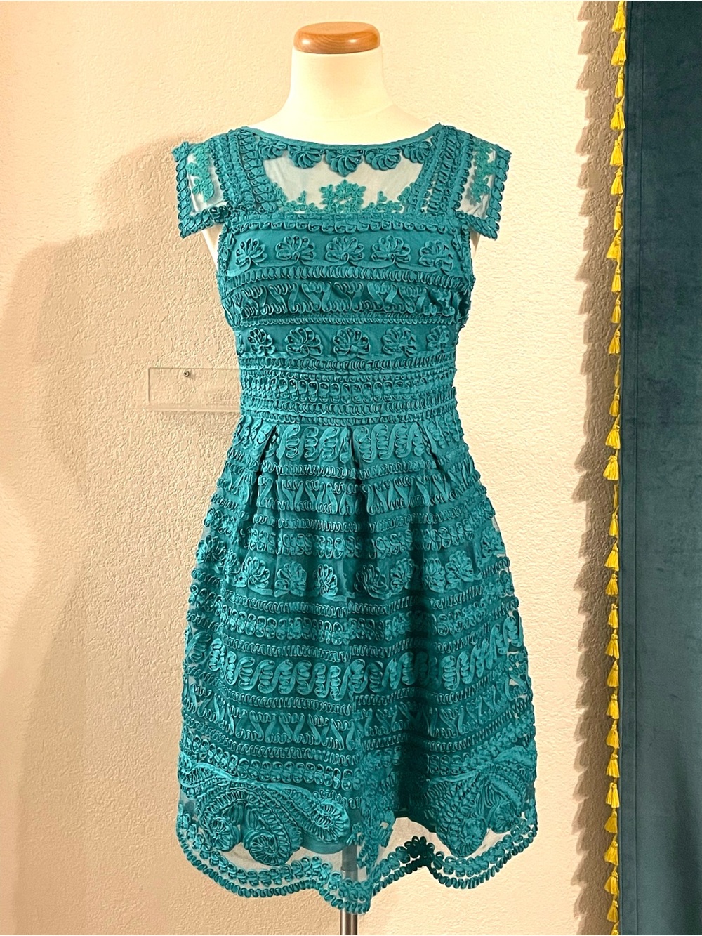 Yoana Baraschi for Anthropologie Teal Embroidered Lace Fit & Flare Dress Size 2